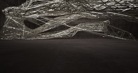 Empty dark abstract brown concrete room smooth interior with beige wires. Architectural background. Night view of the illuminated. 3D illustration and rendering