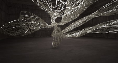 Empty dark abstract brown concrete room smooth interior with beige wires. Architectural background. Night view of the illuminated. 3D illustration and rendering