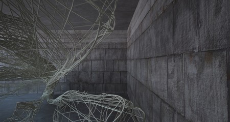 Empty abstract brown concrete room smooth interior with beige wires. Architectural background. 3D illustration and rendering