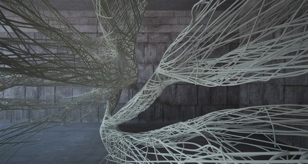 Empty abstract brown concrete room smooth interior with beige wires. Architectural background. 3D illustration and rendering