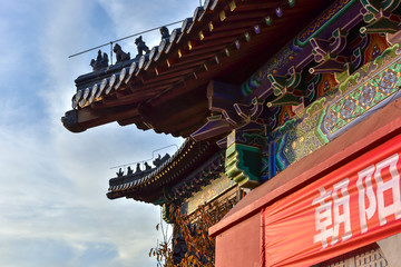 Fototapeta premium Tangshan City, Hebei Province, China - November 7, 2018. Close-up of Chinese ancient buildings, temple buildings and internal statues