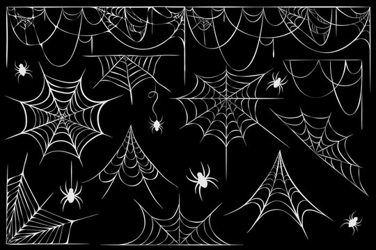 big vector set of cobwebs and hanging spiders silhouette isolated on black. line art of spider webs and spiders for halloween. Spooky halloween decoration element. decorative scary cobwebs collection