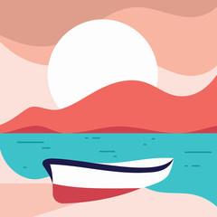 Beach landscape with a leaning boat in flat style