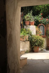 Fototapeta na wymiar Courtyard of a Mediterranean garden on Procida Island. Red flowers of bignonia. and marble bathtub.