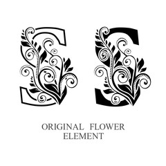  Elegant initial letters S in two color variations with botanical element. Vector letters logo design template set. Alphabet label sign for company branding and identity.Unique concept type as logotyp