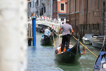 Fototapeta na wymiar Gondolas on Grand Canal Venice surrounding by historical attractive building, Venice, Italy, Commercial advertisement for day trip boat in Europe
