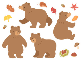 秋の紅葉とクマのイラストセット