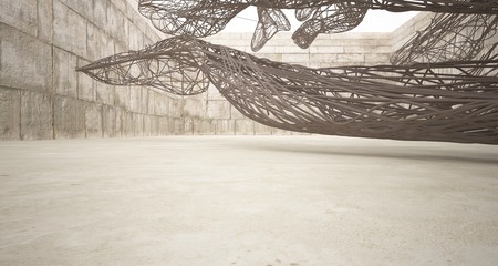 Empty abstract beige concrete room smooth interior with brown wires. Architectural background. 3D illustration and rendering