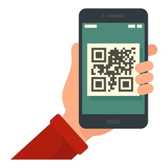Smartphone qr code in hand icon. Flat illustration of smartphone qr code in hand vector icon for web design