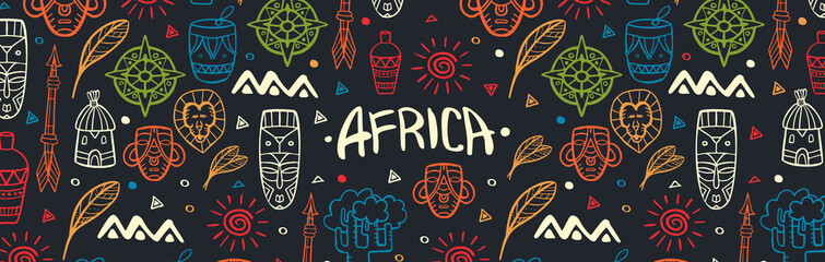 Hand draw doodles of Africa word. Colorful illustration. Background with lots of objects. - 288831650