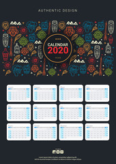 Calendar template for 2020 year with African motive. Doodle elements.