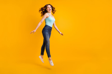 Full body photo of jumping high lady going to visit abroad boutique wear casual outfit isolated yellow background