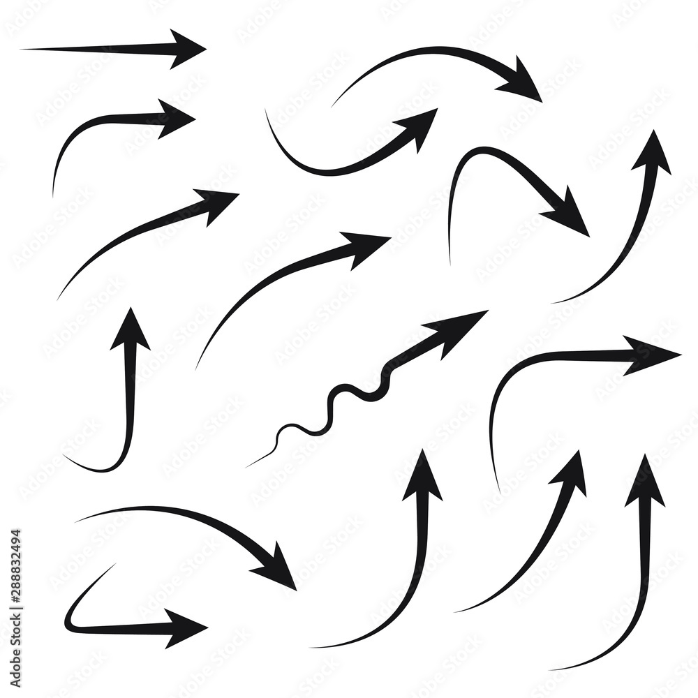 Wall mural set of vector curved arrows hand drawn. collection of pointers.