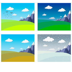 Four seasons landscape collection. Banners with mountains and hills in winter spring summer autumn. vector Illustration of four seasons banner. Idyllic outdoor rural landscapes. four seasons calendar.