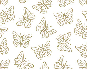 Butterfly seamless pattern. Flying insects background, cute butterflies flat line icons for kids decor, spring wallpaper. Gold, white color