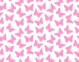 Butterfly seamless pattern. Flying insects background, cute butterflies silhouette icons for kids decor, spring wallpaper. Pink, white color