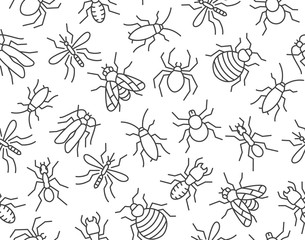 Pest control seamless pattern with flat line icons. Insects background - mosquito, spider, fly, cockroach, ant, termite vector illustrations for extermination service - obrazy, fototapety, plakaty