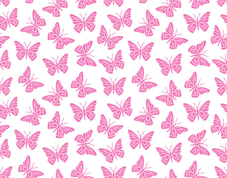 Butterfly seamless pattern. Flying insects background, cute butterflies silhouette icons for kids decor, spring wallpaper. Pink, white color