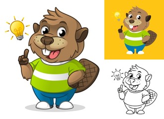 Naklejka premium Beaver Get an Idea with Light Bulb Cartoon Character Mascot Illustration, Including Flat and Line Art Designs, Vector Illustration, in Isolated White Background.