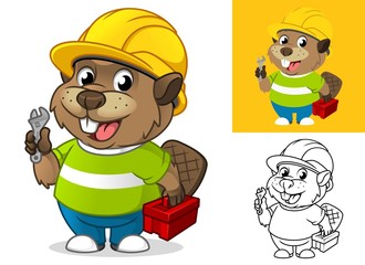 Beaver with Safety Gear Holding Repair Equipment Cartoon Character Mascot Illustration, Including Flat and Line Art Designs, Vector Illustration, in Isolated White Background.
