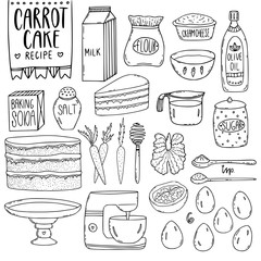 Kitchen utensils vector elements. Carrot cake recipe. Baking cooking recipe. Kitchen stuff and ingredients for menu design.