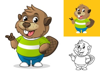 Beaver with Presenting Hand Gesture Cartoon Character Mascot Illustration, Including Flat and Line Art Designs, Vector Illustration, in Isolated White Background.