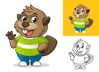 Beaver with Waving Hand Gesture Cartoon Character Mascot Illustration, Including Flat and Line Art Designs, Vector Illustration, in Isolated White Background.