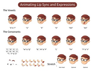 Geek Boy Cartoon Character Mascot Illustration for Animating Lip Sync and Expressions, Vector Illustration, in Isolated White Background.