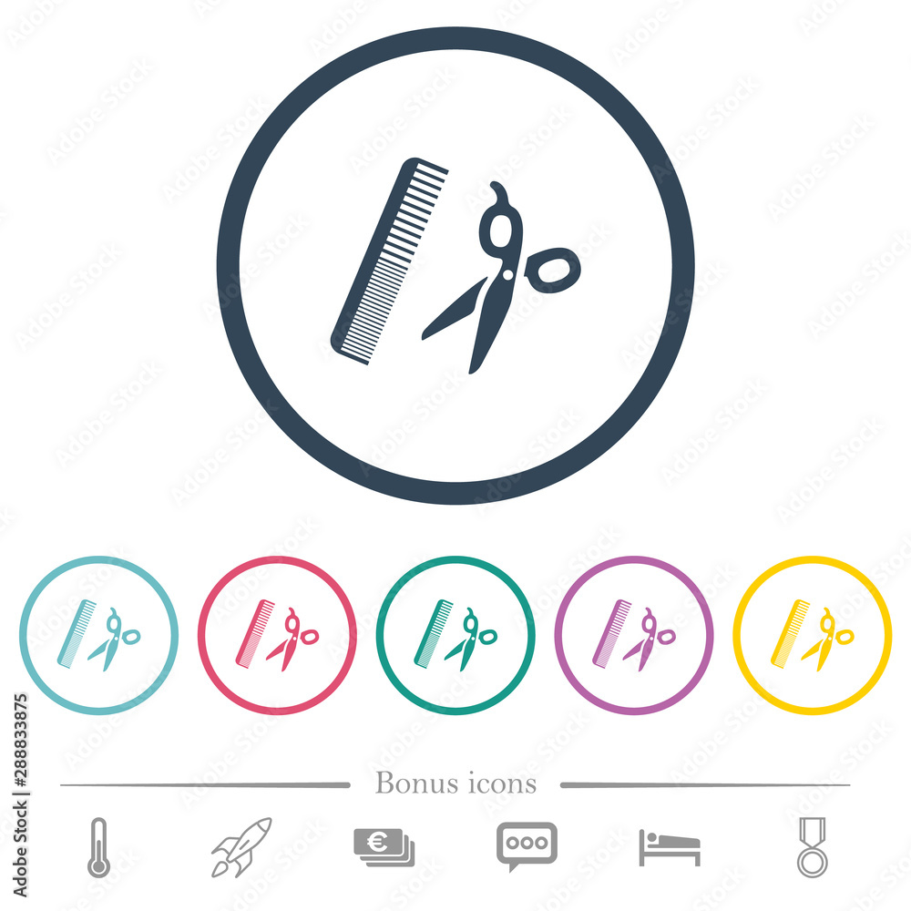Poster comb and scissors flat color icons in round outlines