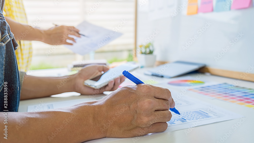 Wall mural creative web designer planning application and developing template layout, framework for mobile phon