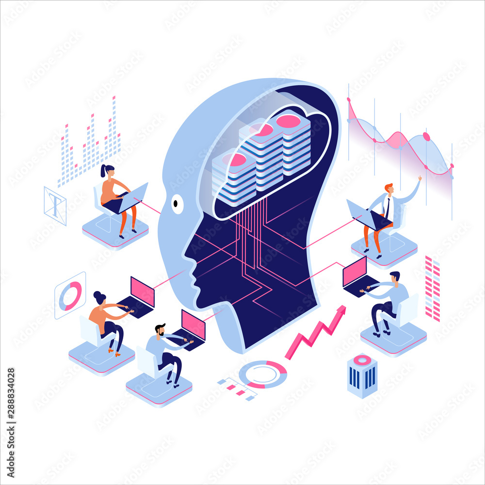 Poster workspace concept. deep learning. big data and artificial intelligence. people interact with artific