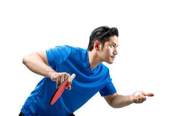 Asian table tennis player man in serving position