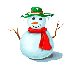 Christmas snowman illustration isolated on white background. Cute smiling snowman wearing red scarf and green hat covered with snow. xmas or winter symbol. hand drawn cartoon frosty character