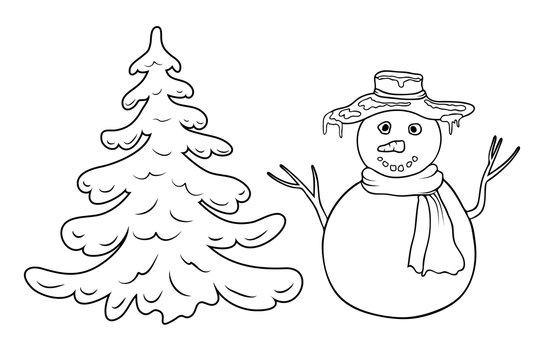 cute cartoon coloring snowman and fir tree outline silhouette isolated on white. Coloring page with snowman and fir or pine tree. black and white winter or christmas illustration for coloring book