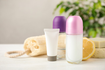 Fototapeta na wymiar Composition with natural deodorant on white table