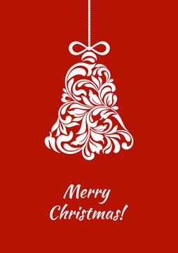 The white Christmas bell made of swirls and floral elements on a red background. Suitable for greeting card, banner, poster
