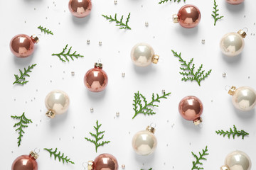 Fototapeta na wymiar Flat lay composition with Christmas decorations on white background