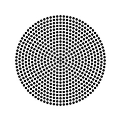 Flat, geometric abstract rosette made of small black dots in a circle on white.
