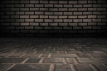 Background of empty old brick wall and concrete floor