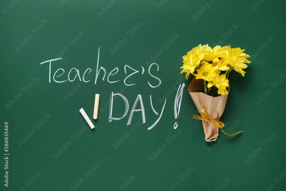 Sticker Flat lay composition with flowers and inscription TEACHER'S DAY on green chalkboard