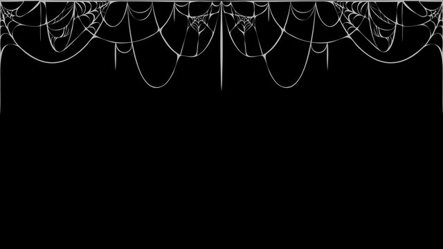 horizontal seamless cobweb banner on black background. white torn spider web silhouette on black chalkboard. Halloween holiday banner, card flyer template with place for text. Vintage sketch.
