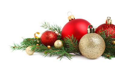 Obraz na płótnie Canvas Christmas tree branches and festive decoration on white background