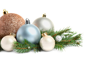 Fototapeta na wymiar Christmas tree branches and festive decoration on white background