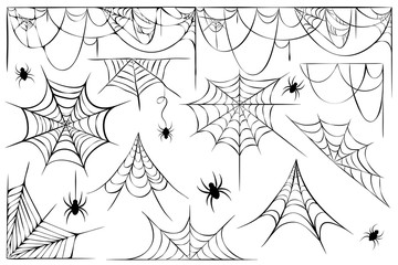 big set of cobwebs and hanging spiders silhouette isolated on white. line art of spider webs and spiders for halloween. Spooky halloween decoration element. decorative scary cobwebs collection