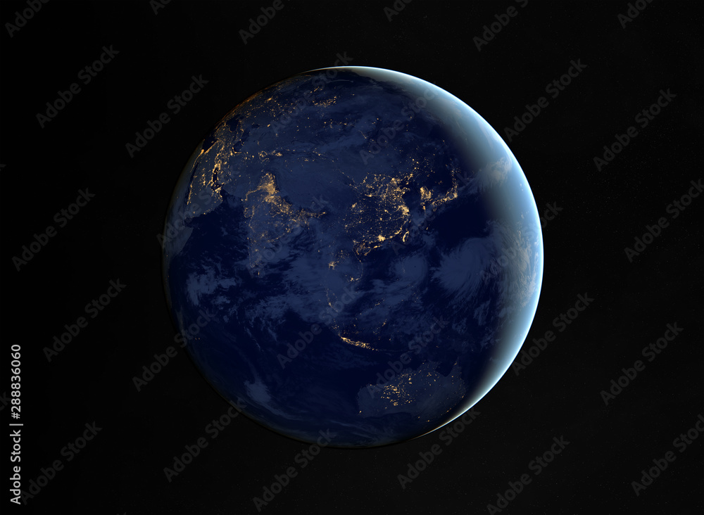 Poster view of planet earth at night with cities lights on asia 3d rendering elements of this image furnish