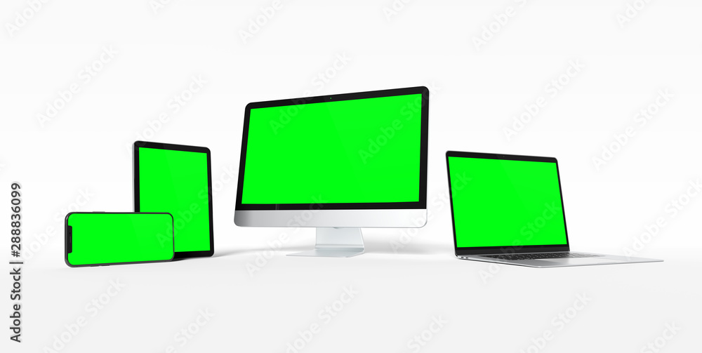 Poster modern devices with smartphone laptop computer and tablet aligned and isolated on white mockup 3d re