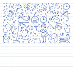 cleaning services company vector monochrome pattern on white background, drawing pen, notebooks lined