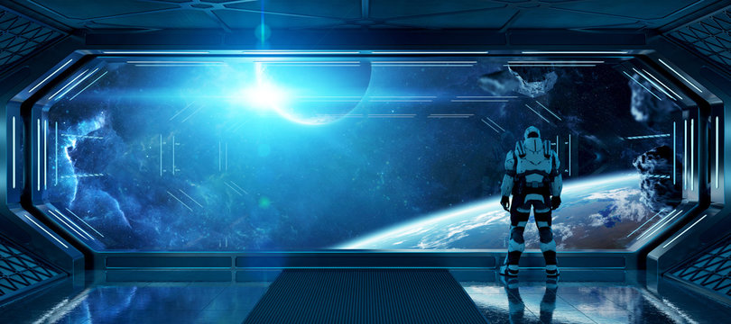 Astronaut in futuristic spaceship watching space through a large window 3d rendering elements of this image furnished by NASA