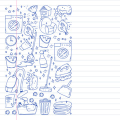 cleaning services company vector monochrome pattern on white background, drawing pen, notebooks lined