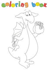 Cartoon dragon with an expensive necklace and bag of coins. Coloring book for kids